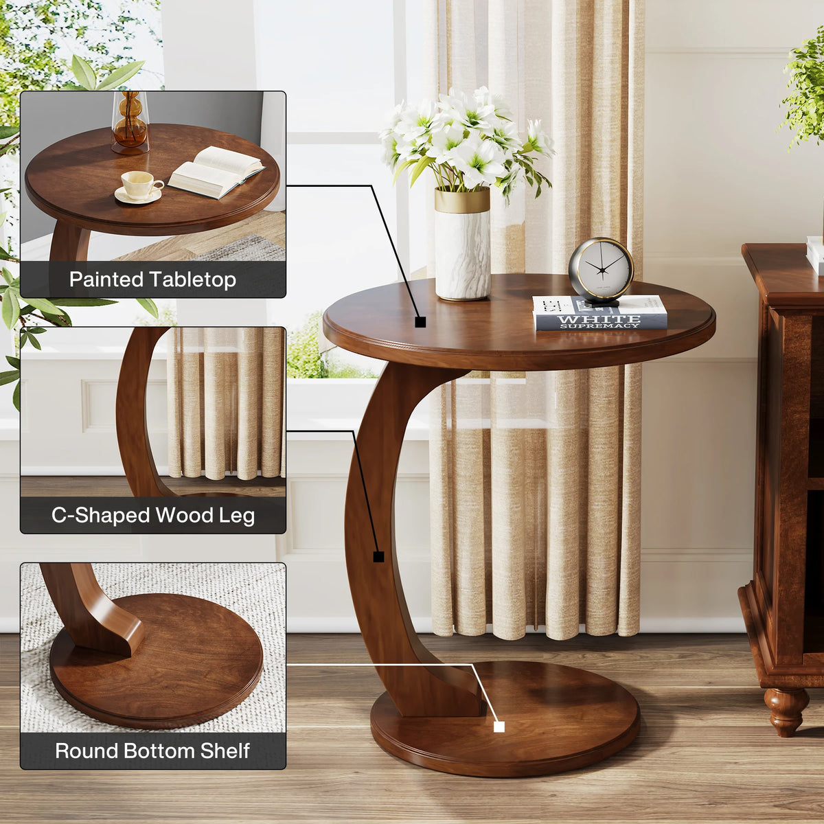Tribesigns Round C Shaped Wood End Table Couch Side Table