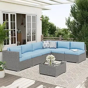 7-Piece Outdoor Patio Furniture Sofa Set Black Rattan Wicker Sectional Conversation Sets with Glass Top Table and Cushions(Red)