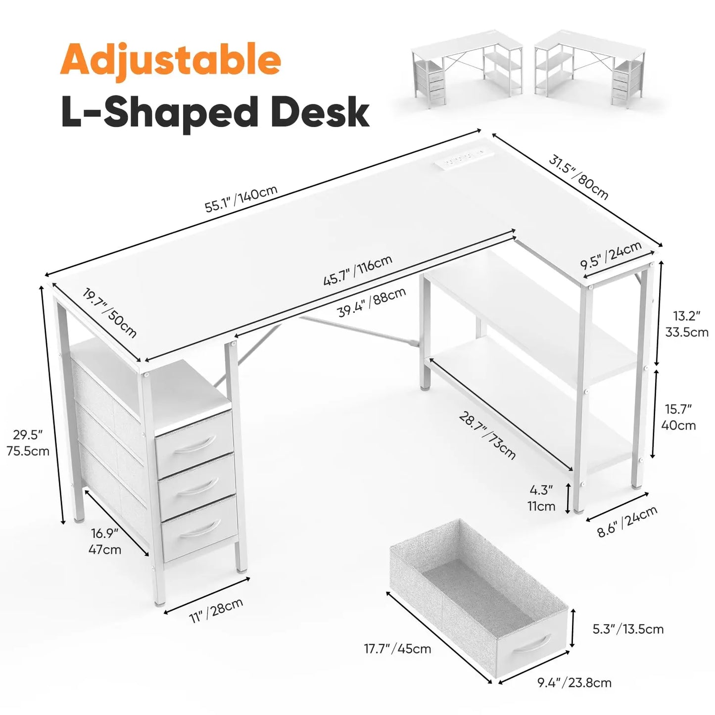 JHK L Shaped Desk With Shelf Drawers And Power Outlet