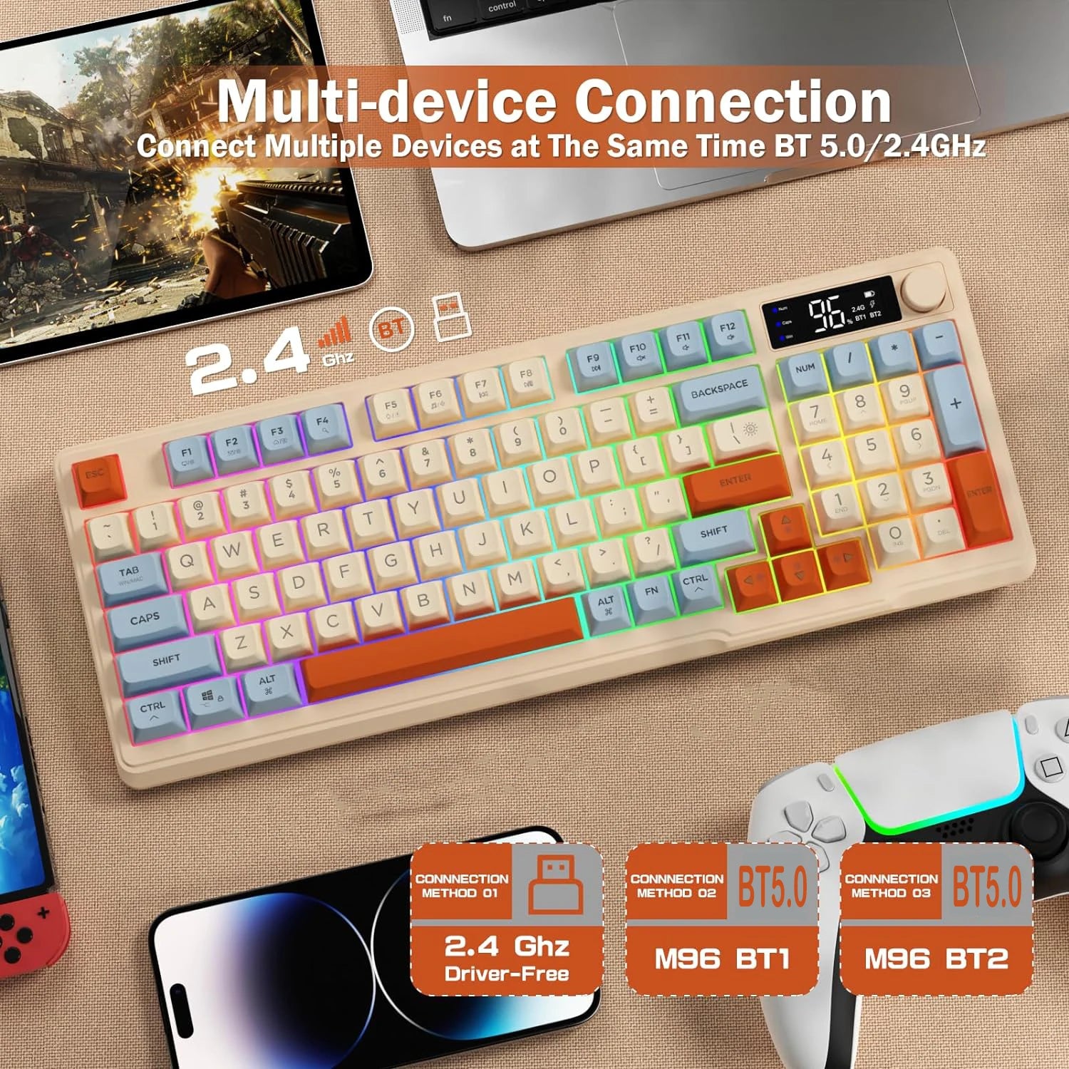 ZIYOU LANG Wireless Gaming Keyboard with Display Screen &amp; Knob, Bluetooth/2.4GHz Quiet Membrane Keyboard, 3000mAh Rechargeable