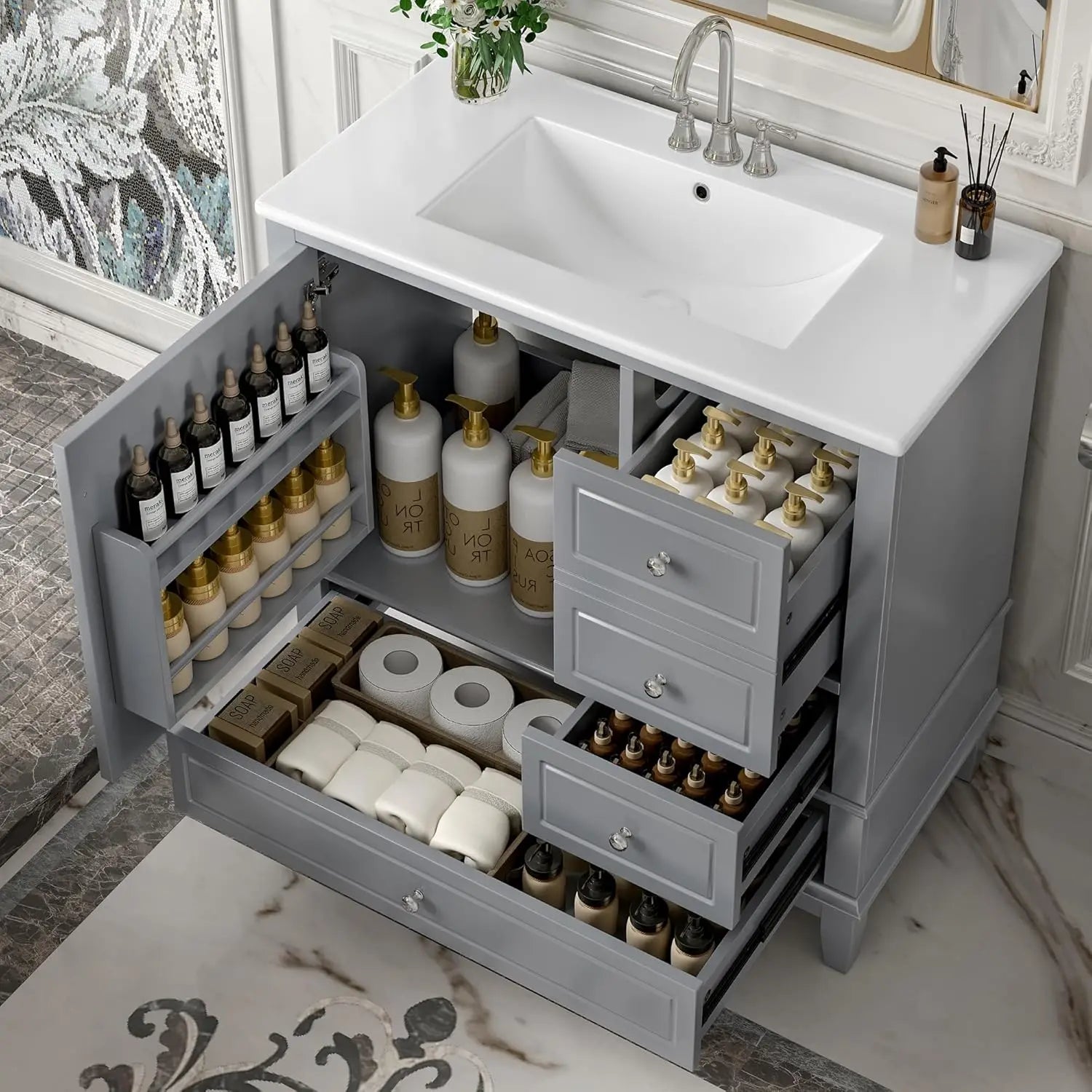36" Free Standing Bathroom Vanity with Sink, Tip-Out Drawer &amp; 3 Drawers &amp; 2 Doors, Wood Cabinet with Ceramic Basin, Customized