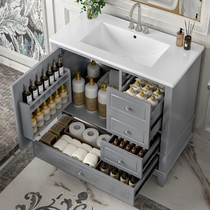 36" Free Standing Bathroom Vanity with Sink, Tip-Out Drawer &amp; 3 Drawers &amp; 2 Doors, Wood Cabinet with Ceramic Basin, Customized