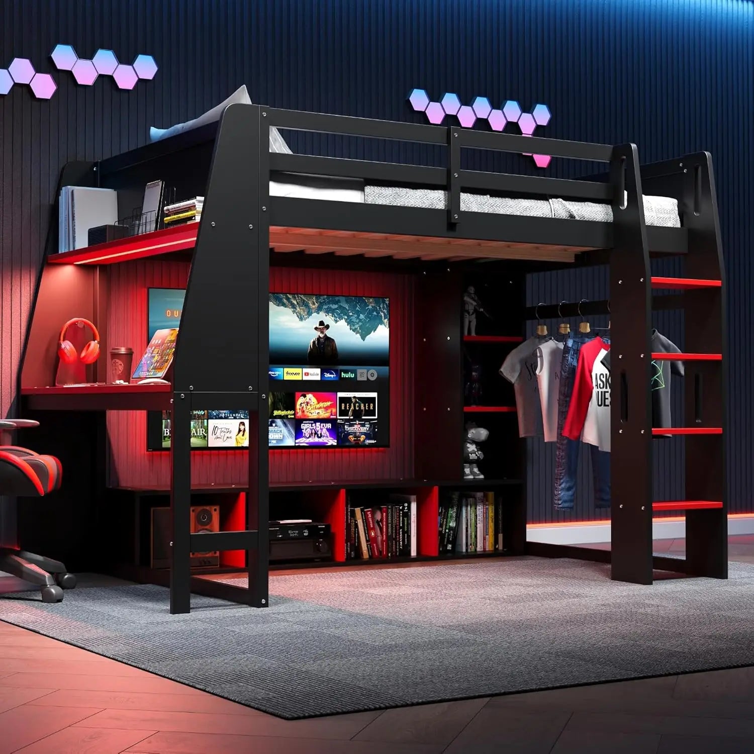 Full Wood Gaming Loft Bed Desk Storage Shelves LED Charging Station Kids Bedroom No Box Spring, Customized
