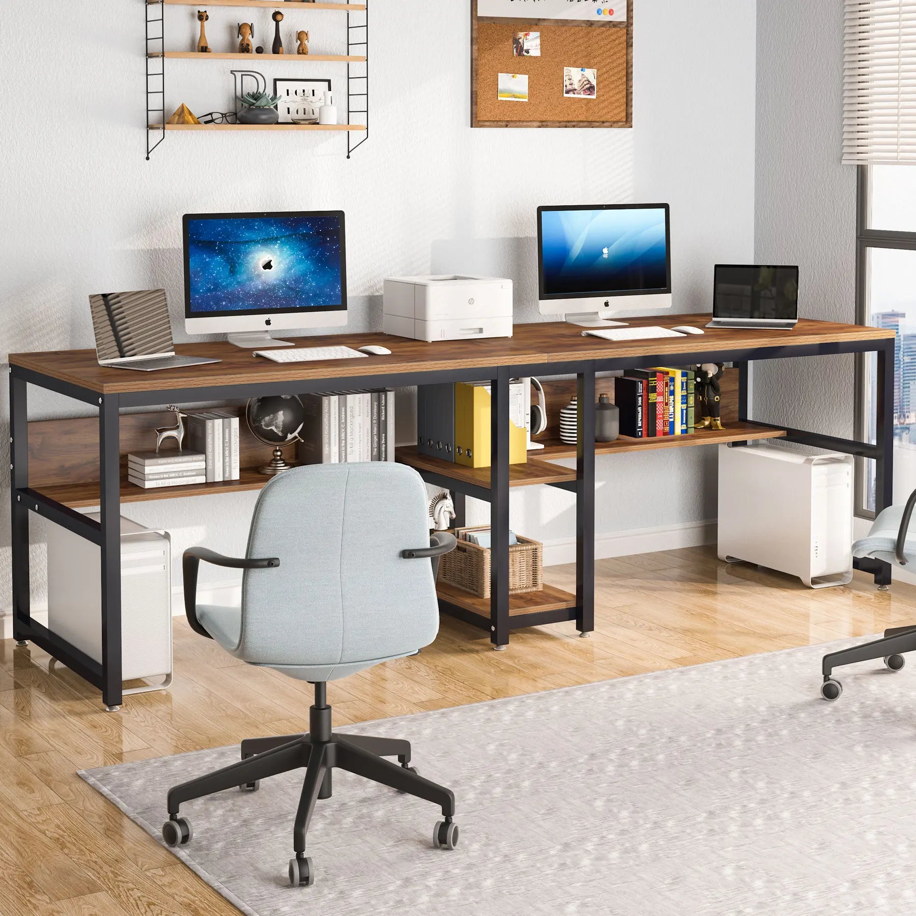 Tribesigns Two Person Desk With Bookshelf For Home Office