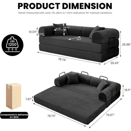 79 Inch Convertible Floor Sofa Bed 5 in 1 Fold Out Sleeper Modular Lounge Couch for Living Room Bedroom Black