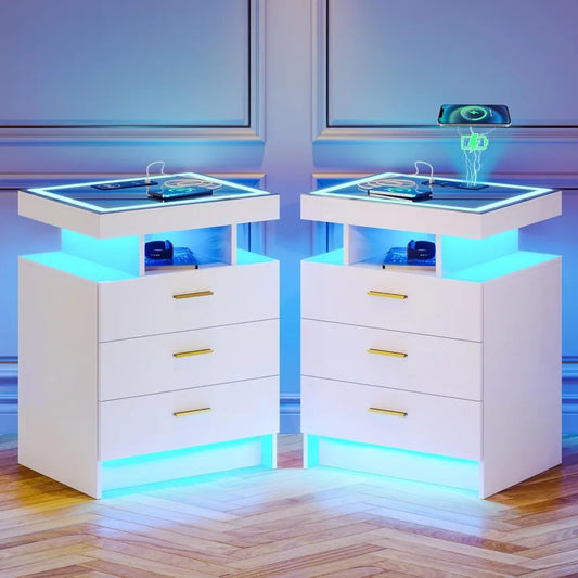 2 Set Nightstands with Wireless Charging Station, Auto Sensor 3 Color Dimmable LED Night Stand, Modern Bedside Table with 3 Dra