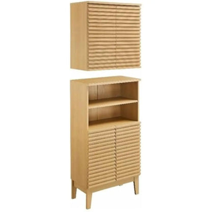 Render Oak Bathroom Cabinet Set – Freestanding Linen Unit + Wall-Mounted Storage Unit with Slatted Front Panels, Adjustable Inte