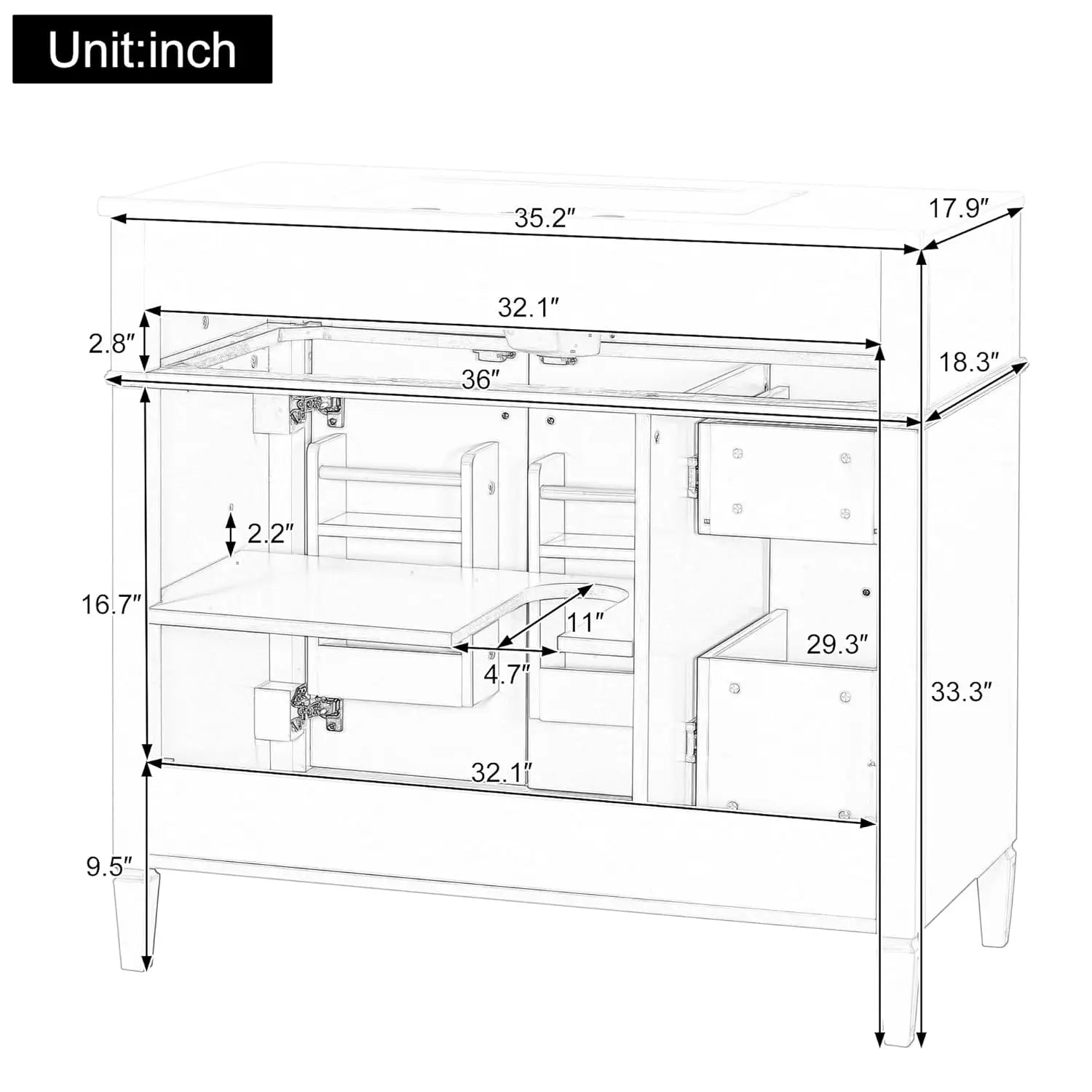 36" Free Standing Bathroom Vanity with Sink, Tip-Out Drawer &amp; 3 Drawers &amp; 2 Doors, Wood Cabinet with Ceramic Basin, Customized