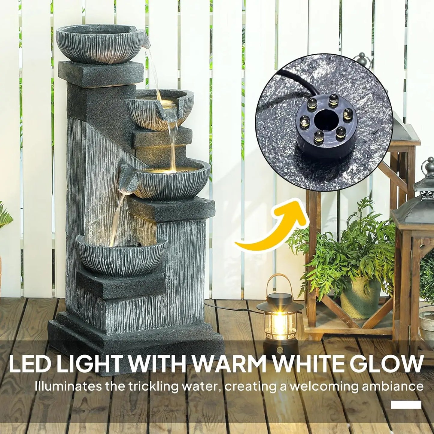 Outsunny Outdoor 4 Tier Resin Waterfall Fountain With LED Lights