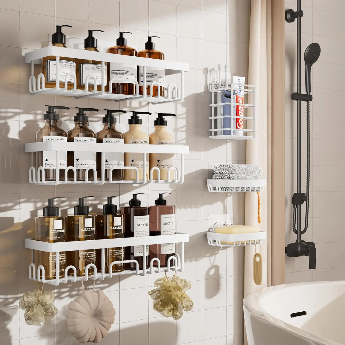 6 Pack Shower Caddy Organizer Rack Shelf for Inside Shower, Adhesive Bathroom Wall Storage Basket Rustproof Stainless Steel Shampoo Holder, Bathroom Accessory Decor Set