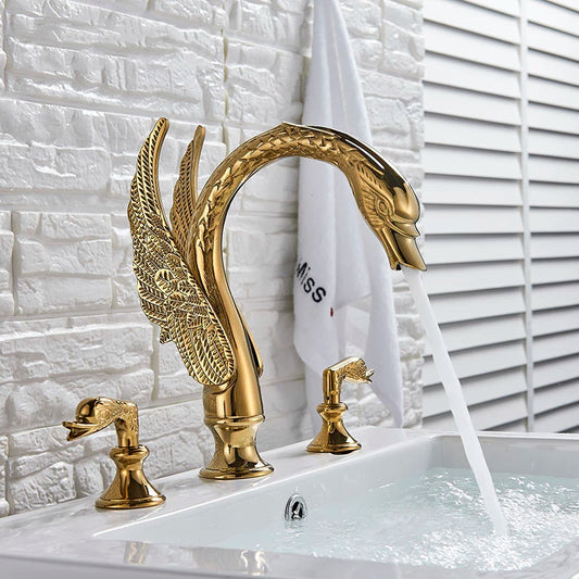 Luxurious Golden Bathroom Basin Faucet Brass Double Handle Hot Cold Sink Mixer Tap Swan Shape Basin Faucet Bathtub Mixers Crane