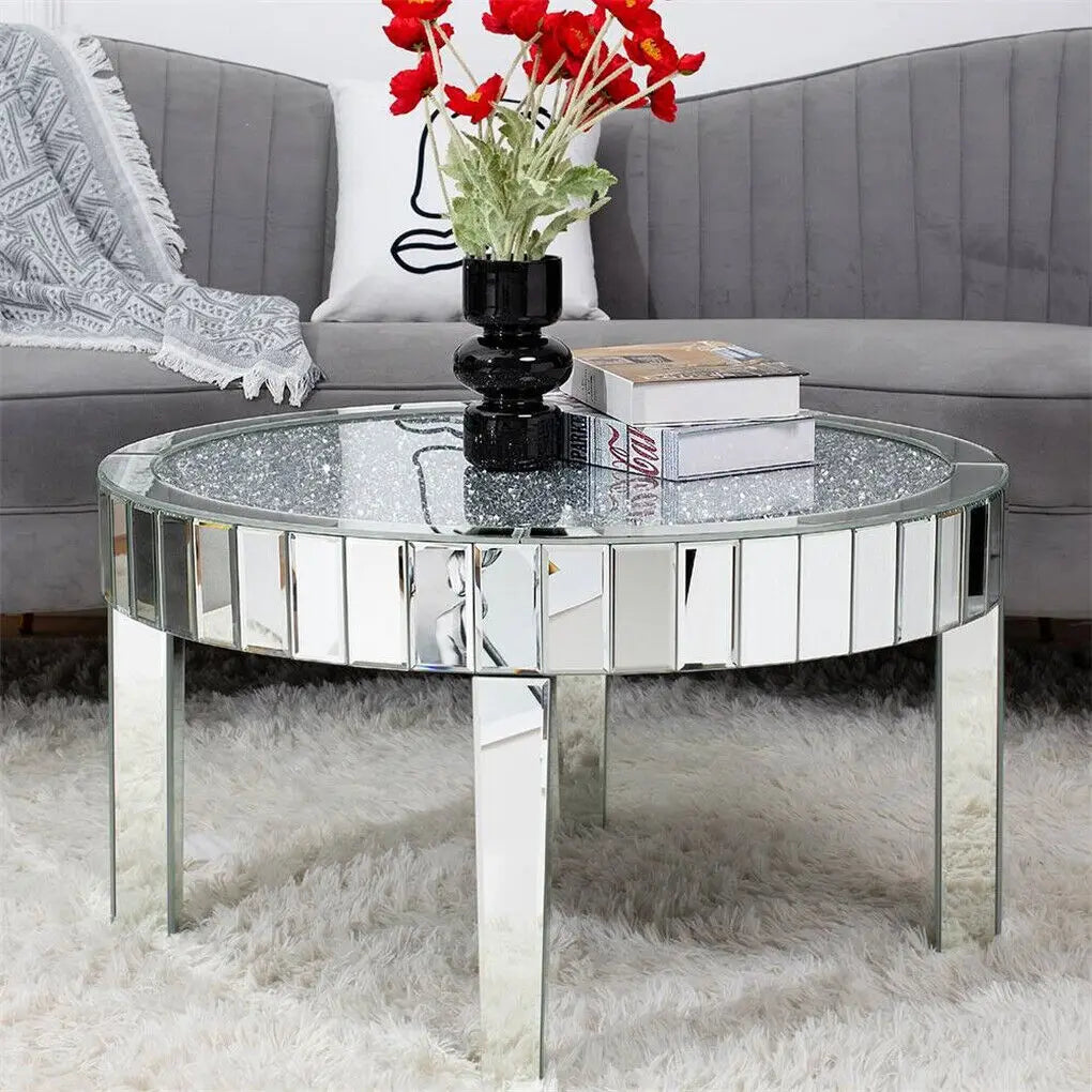 Folded Crushed Crystal Mirrored Round Coffee Table