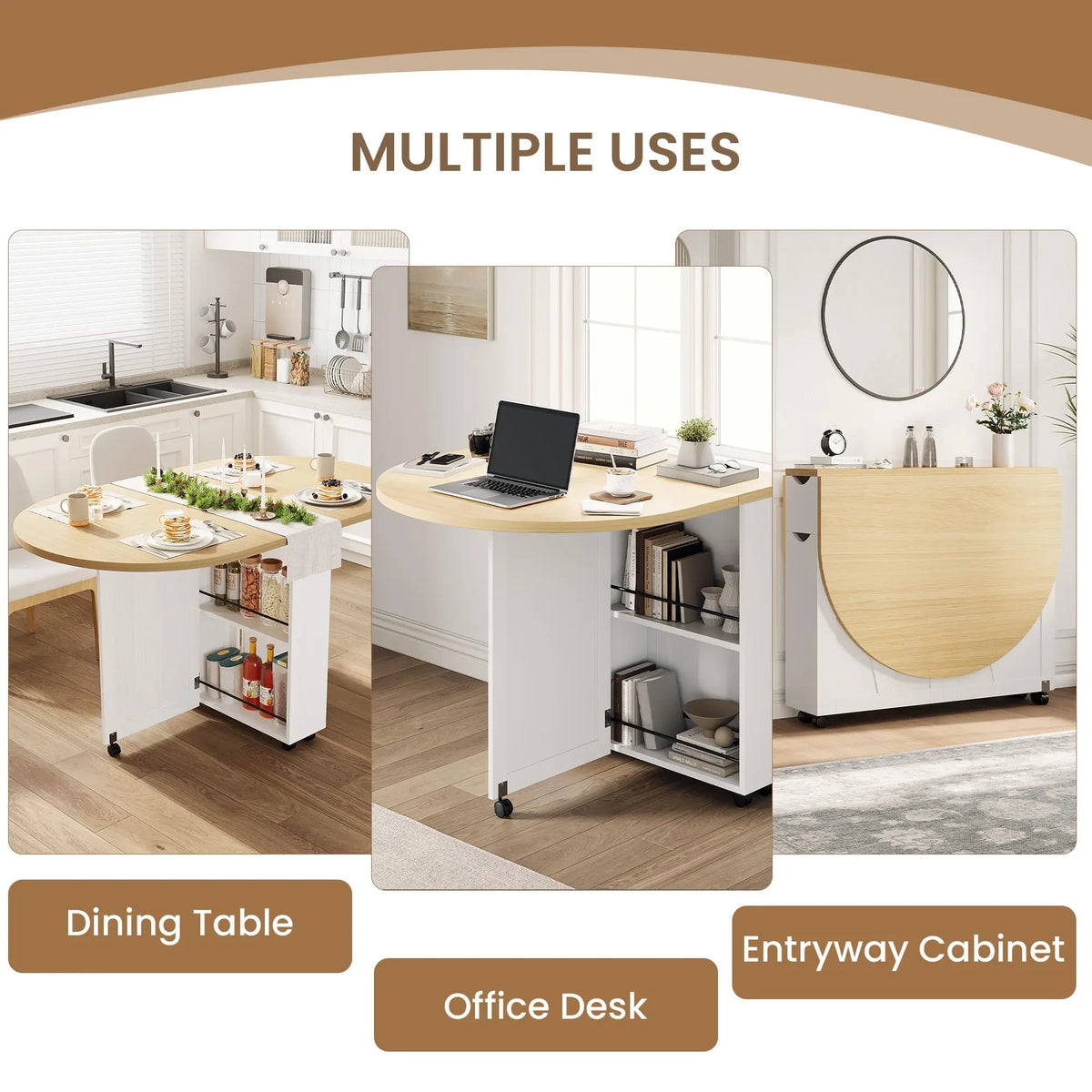 3-in-1 Folding Dining Table With Wine Rack, Drawer &amp; Cup Holders, Drop Leaf Oval Kitchen Table On Lockable Casters For Small Spaces