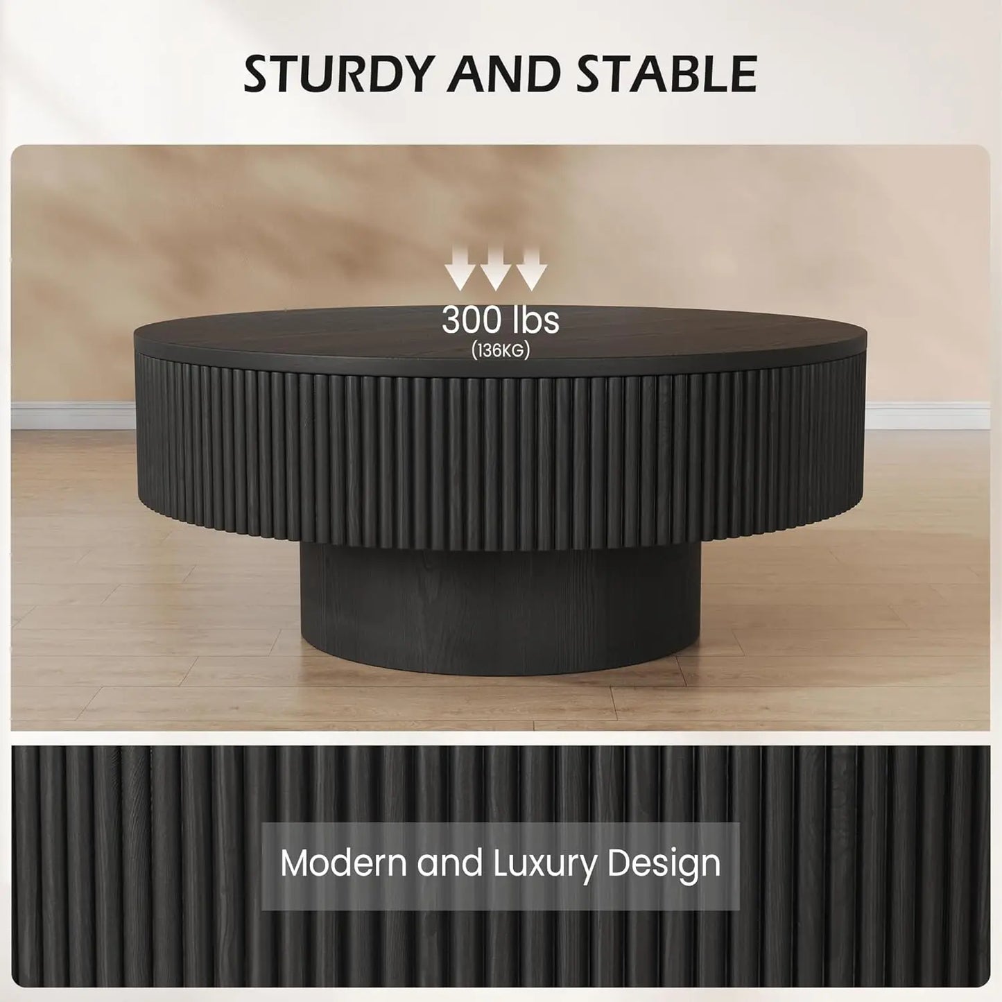 31.5” Round Fluted Coffee Table, Modern Wood Circle Coffee Table, Veneer Handcrafted Relief Tea Table with Sturdy Pedestal for L