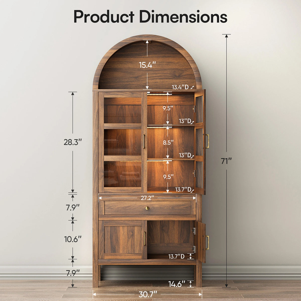 Cottinch Arched Wood Cabinet With Adjustable Shelves and LED Lighting