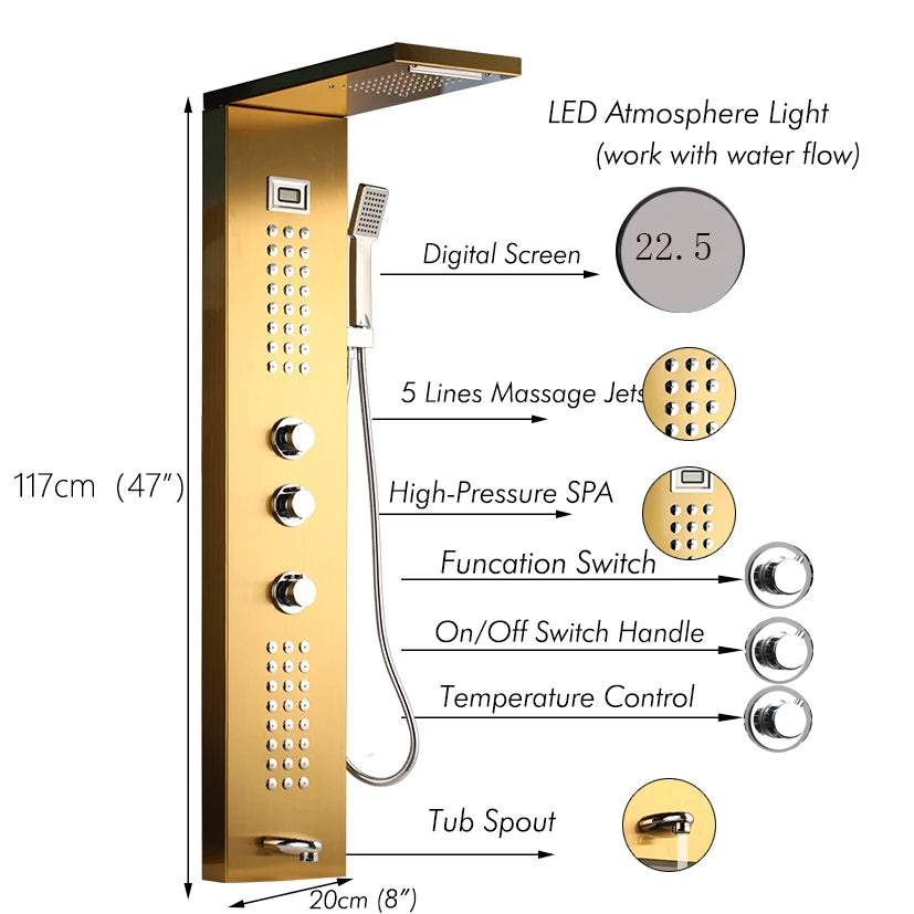 KEMAIDI Multifunctional Shower Panel Tower with Rainfall Waterfall Bathroom Shower Column Bath Shower Systerm W/ Massage Jets