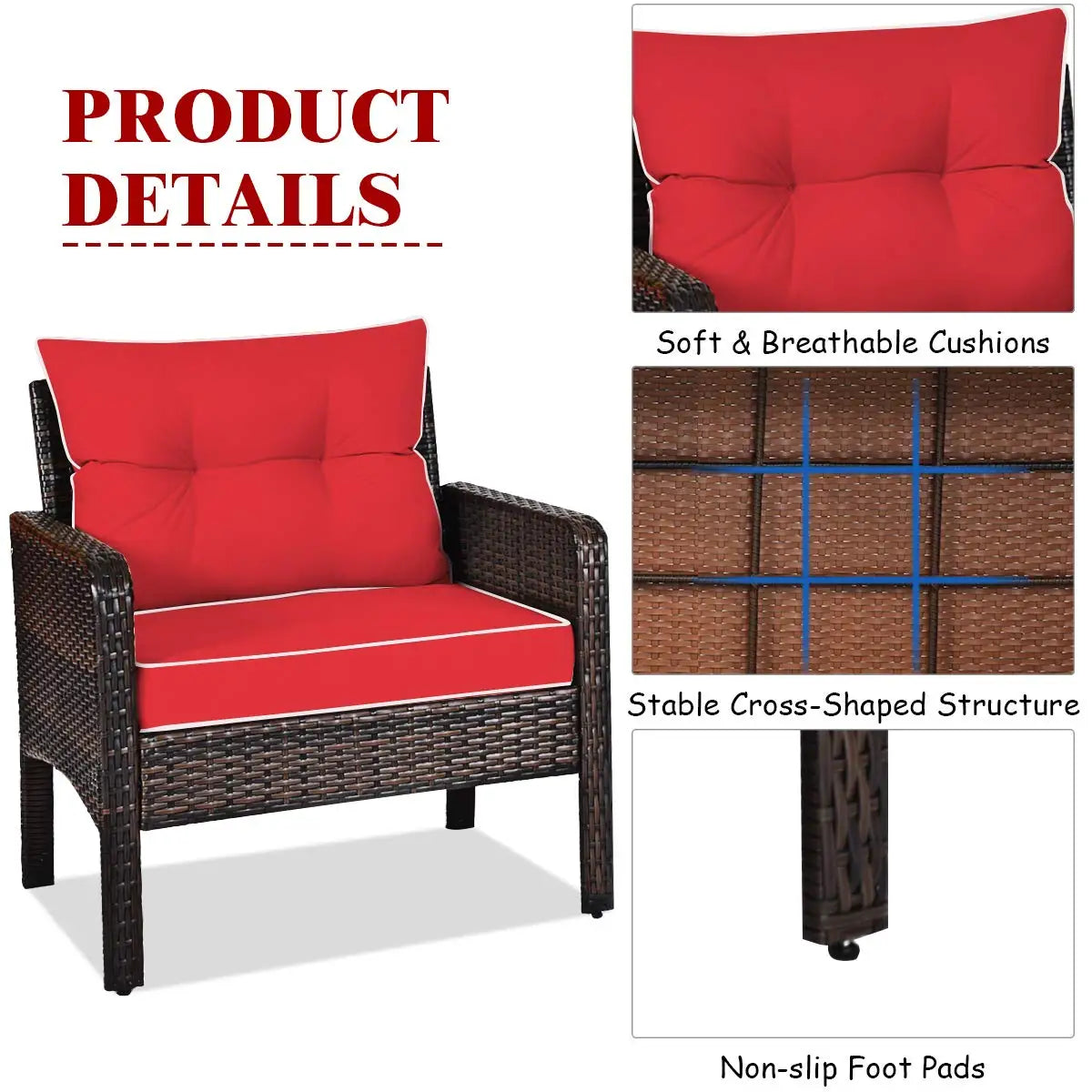 3 Piece Outdoor Patio Furniture Set, Wicker Chairs Set with Glass Top Coffee Table, Thick Cushions, All Weather, Customized