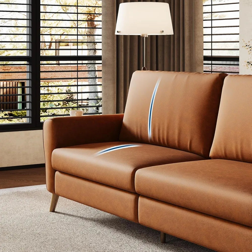 84 Inch Sofa Couch, Large 3-Seater Sofa w/Streamlined Armrests, PU Leather Loveseat Wood Feet, Comfy Couch for Living Room