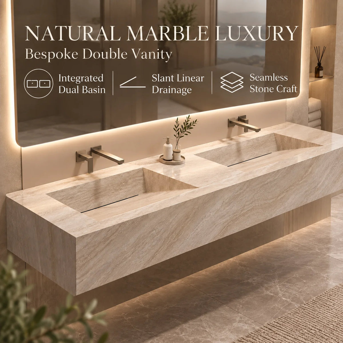 Custom Luxury Natural Stone Bathroom Vanity With Integrated Dual Basin
