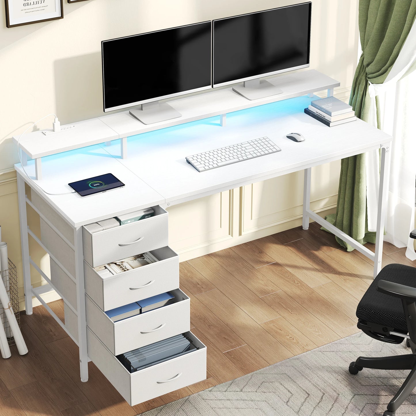 JHK Gaming Computer Desk With Storage Drawers And LED Lights