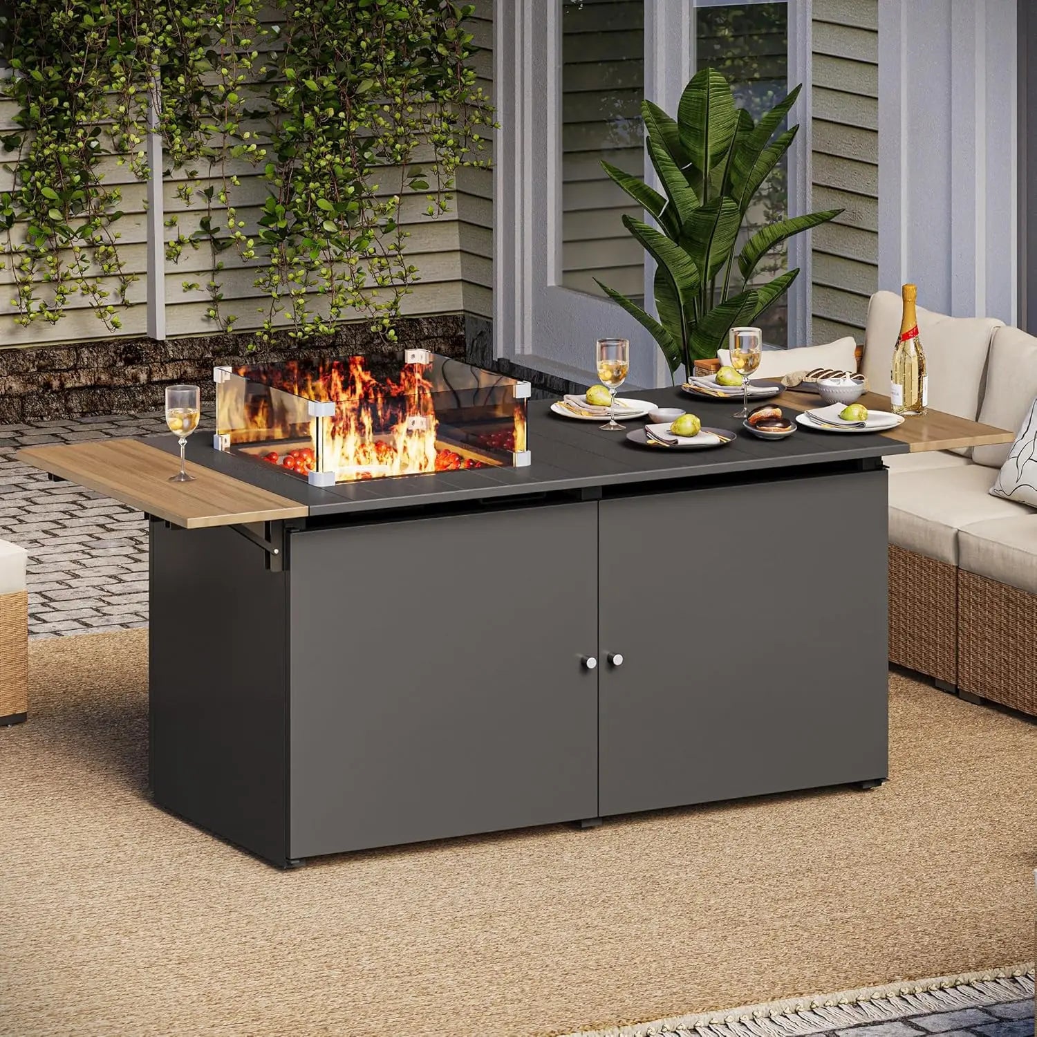 64" Gas Fire Pit Table for Outside Patio, 55,000 BTU Propane Firepit with Expandable Tabletop &amp; Wind Guard