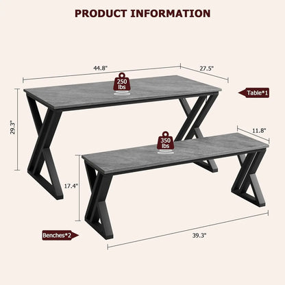 Kitchen Table Set with 2 Benches Space Saving Dining Room Table &amp; Benches Sturdy Metal Frame Dinette Set for Home Grey