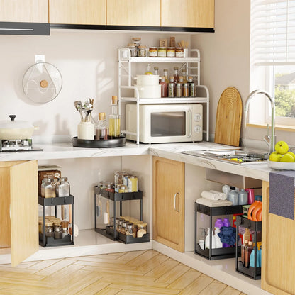 2-Pack/1-Pack 2 Under Sink Organizer 2 Tier Pull Out Sliding Cabinet Storage Rack for Your First Solo Apartment, H Shaped Design Fits Around Pipes, Smooth Glide Bottom Drawer, No Tools Assembly, Heavy Duty Metal.