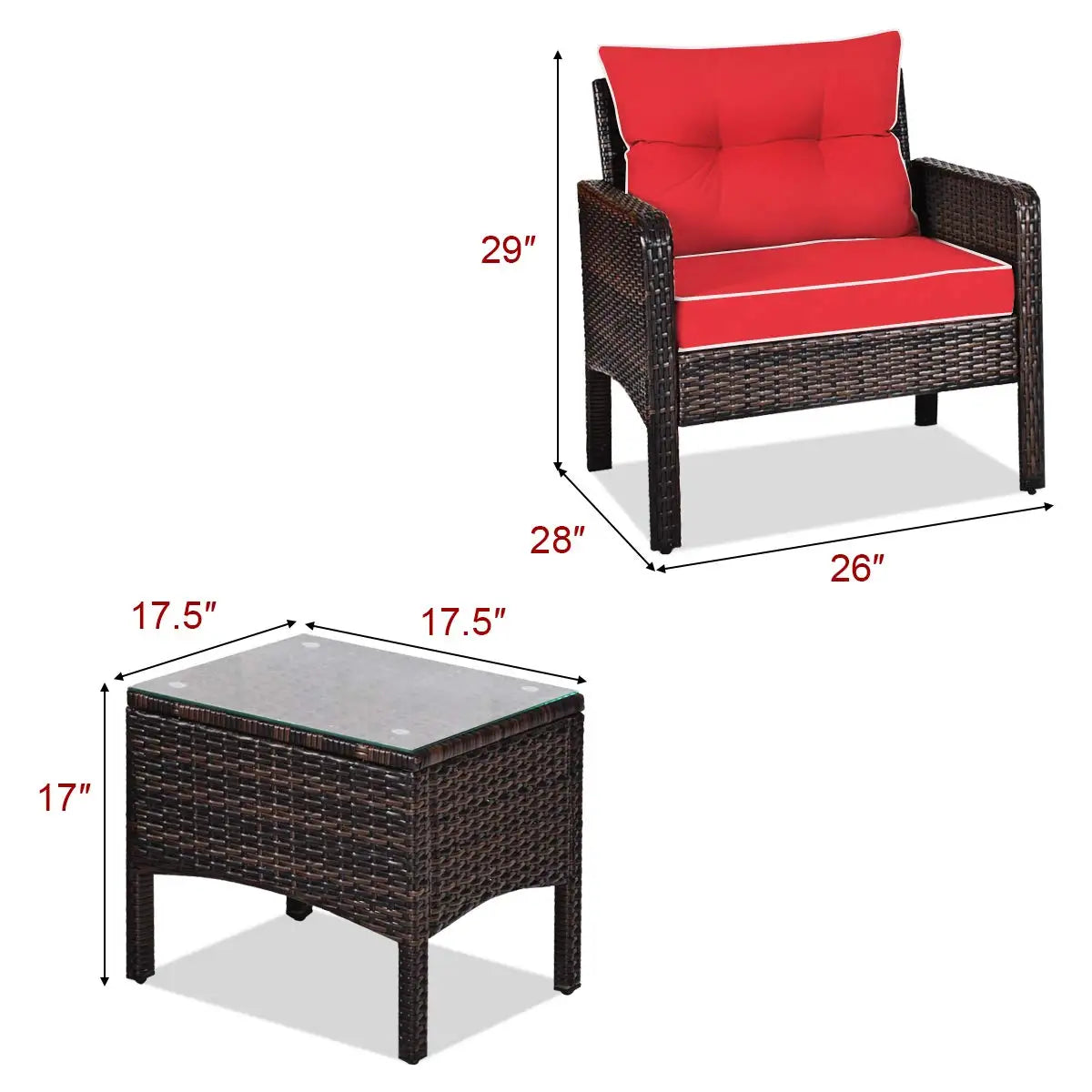 3 Piece Outdoor Patio Furniture Set, Wicker Chairs Set with Glass Top Coffee Table, Thick Cushions, All Weather, Customized