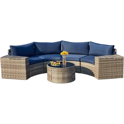 7 Piece Outdoor Hal Moon urniture, Wicker Patio Sectional Contion Set with 2 Storage Armrests and Circle Glass Table, Gray Ratta