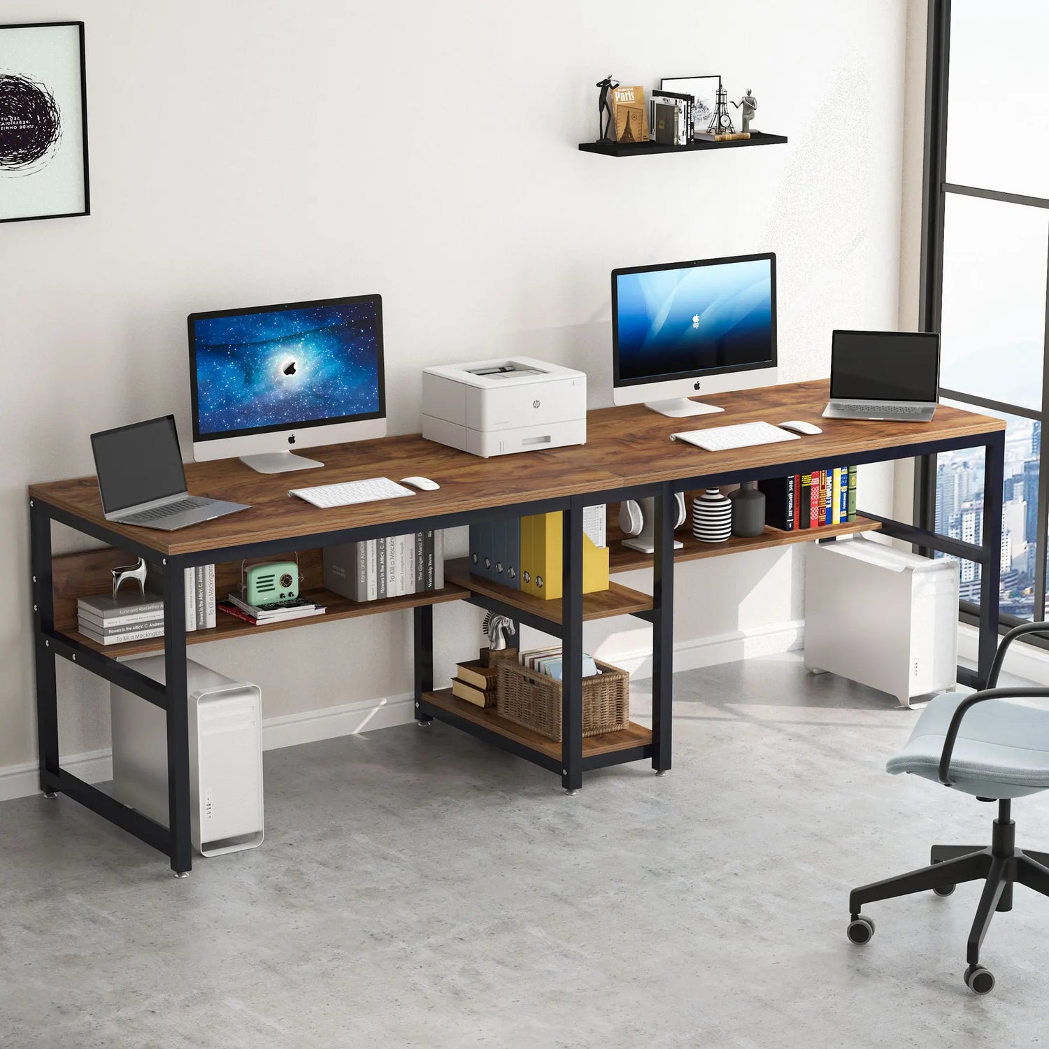 Tribesigns Two Person Desk With Bookshelf For Home Office