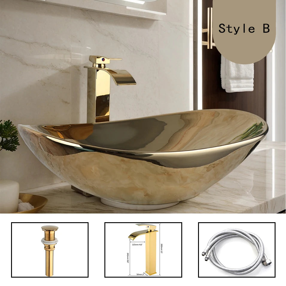 YANKSMART OUBONI Ceramic Luxury Bathroom Vessel Sink Set With Brass Faucet