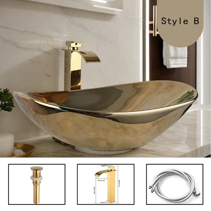 YANKSMART OUBONI Ceramic Luxury Bathroom Vessel Sink Set With Brass Faucet