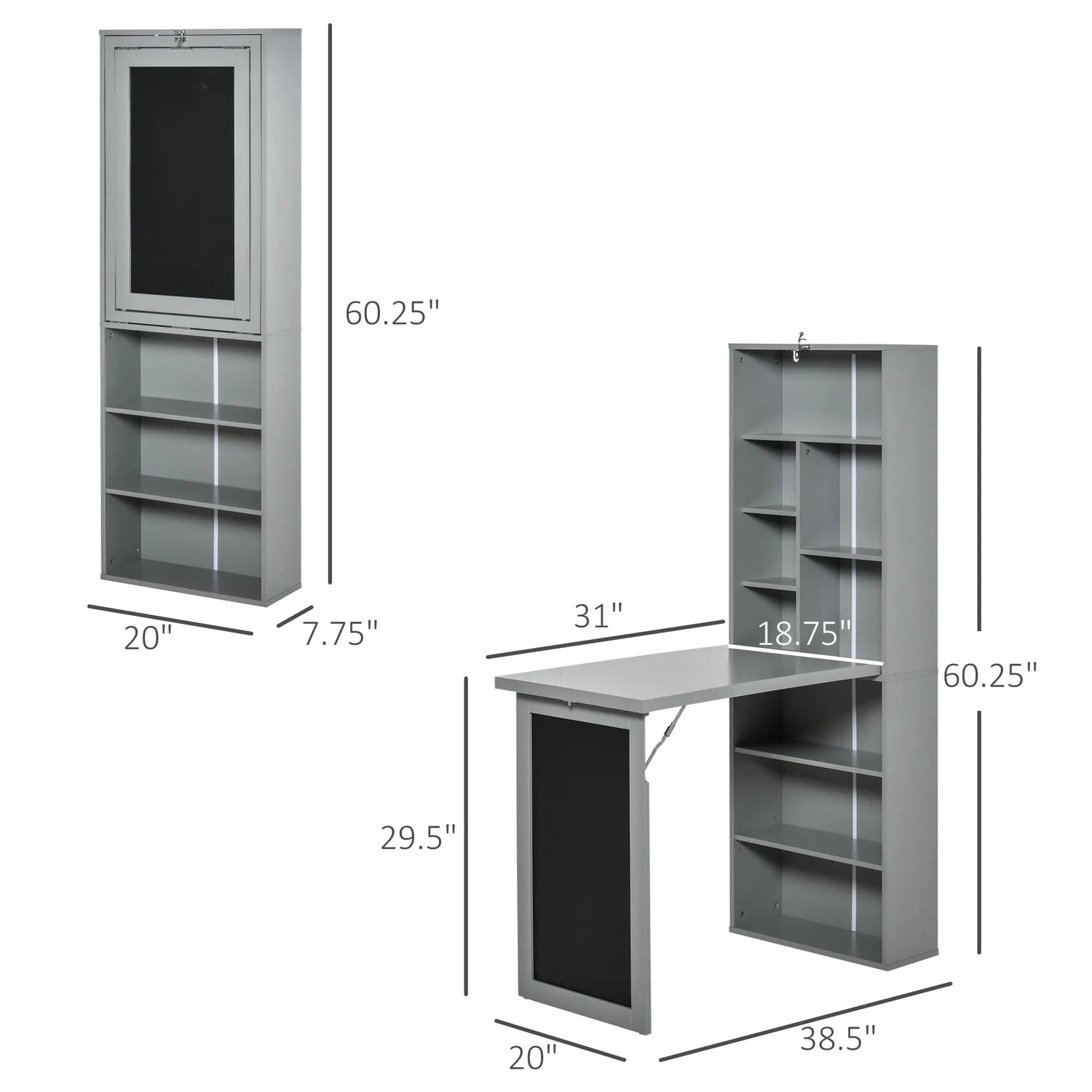 Homcom Fold-Out Convertible Office Desk, Wall Mount Computer Desk with Blackboard and Side Shelf, Charcoal Gray