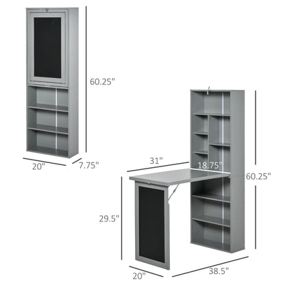 Homcom Fold-Out Convertible Office Desk, Wall Mount Computer Desk with Blackboard and Side Shelf, Charcoal Gray