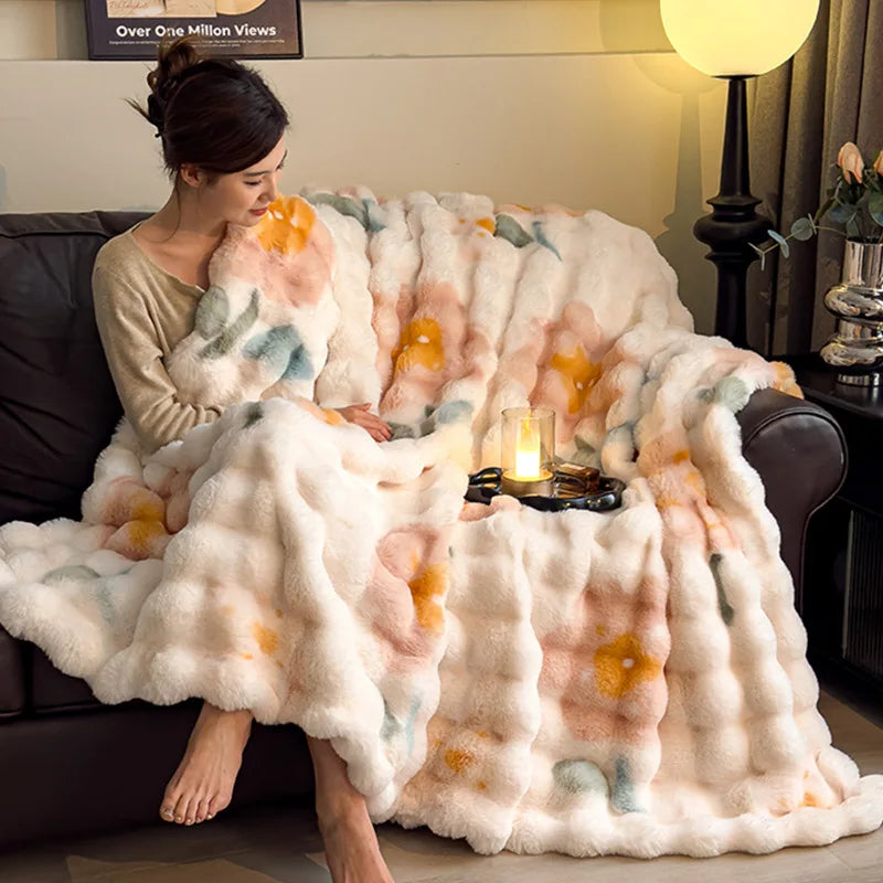 2025 new thickened gradual change leopard print toka rabbit plush bubble quilt cover blanket multi-functional blanket