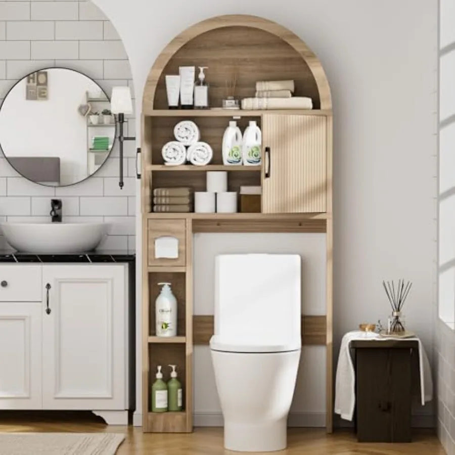 Over The Toilet Storage Cabinet Bathroom Shelf Organizer Freestanding Wood Arch Cabinet with Toilet Paper Holder and Anti-Tippi