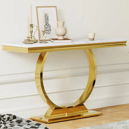 Gold Console Table, 50 Inch Glam White and Gold Entryway Table with U-Shaped Base, Polished Gold Entrance Table, Customized