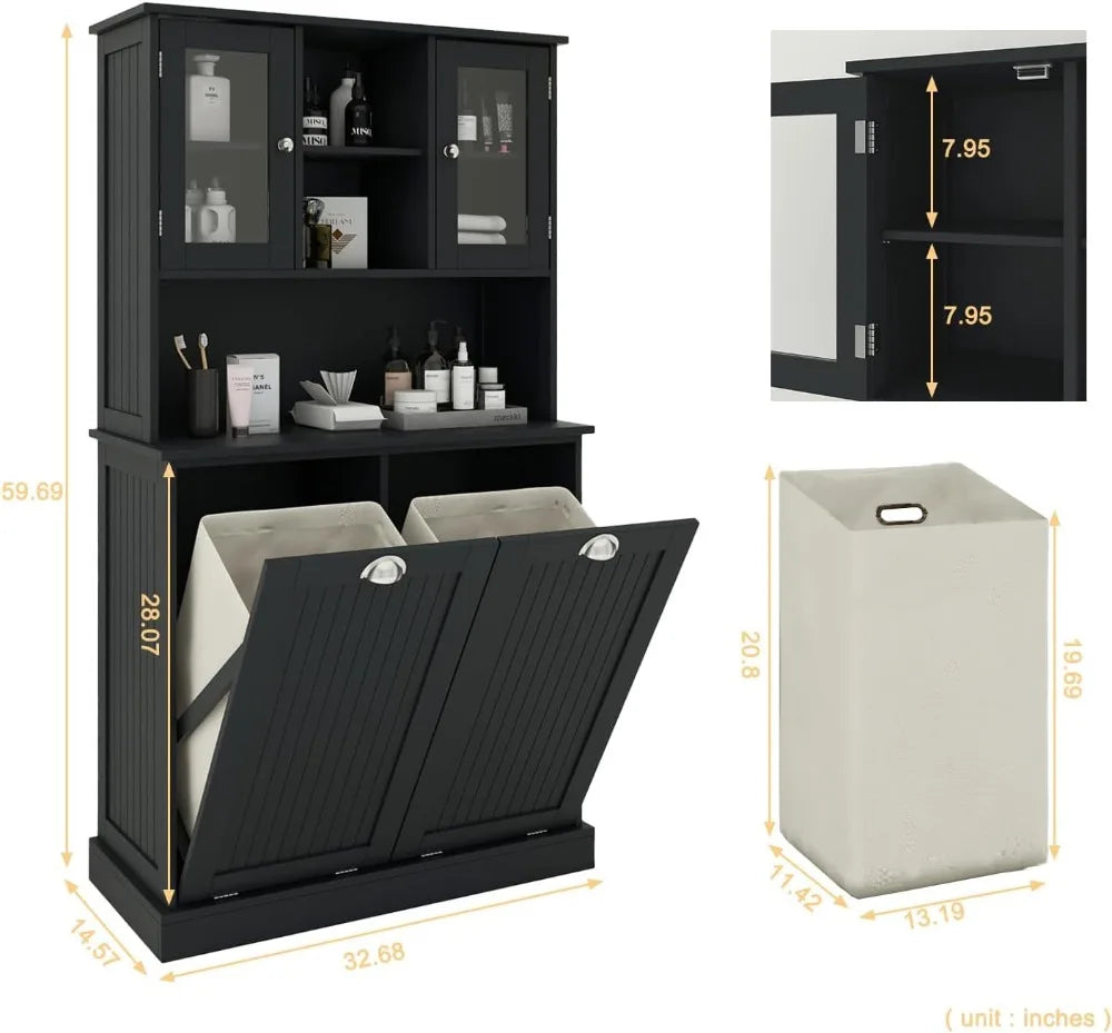 Tall Tilt Out Laundry Hamper Cabinet with 2 Removable Baskets, Hidden Storage & Glass Doors for Bathroom, Black