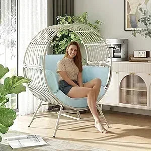 BestsellerEgg Chair Outdoor Indoor, Oversized Rattan Chair with Thicken Cushion, 350LBS Capacity Wicker Patio Lounge Chair, Bask
