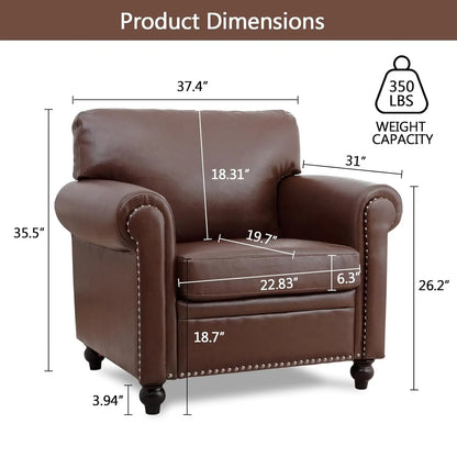 Brown Faux Leather Chair，Mid Century Modern Accent Chair Set for Office Bedroom Living Room with Deep Seats Detachable Cushions
