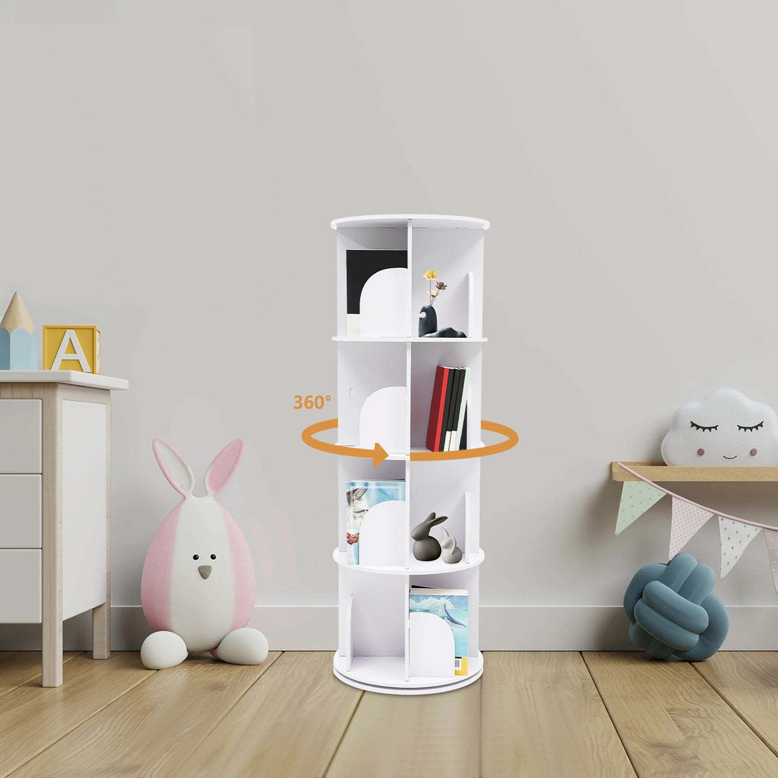 Bookcase w/ 360° Rotating Design, Steel Ball Bearing for Silent and Smooth Rotation, Multi-Layer Stacking Shelf for Easy