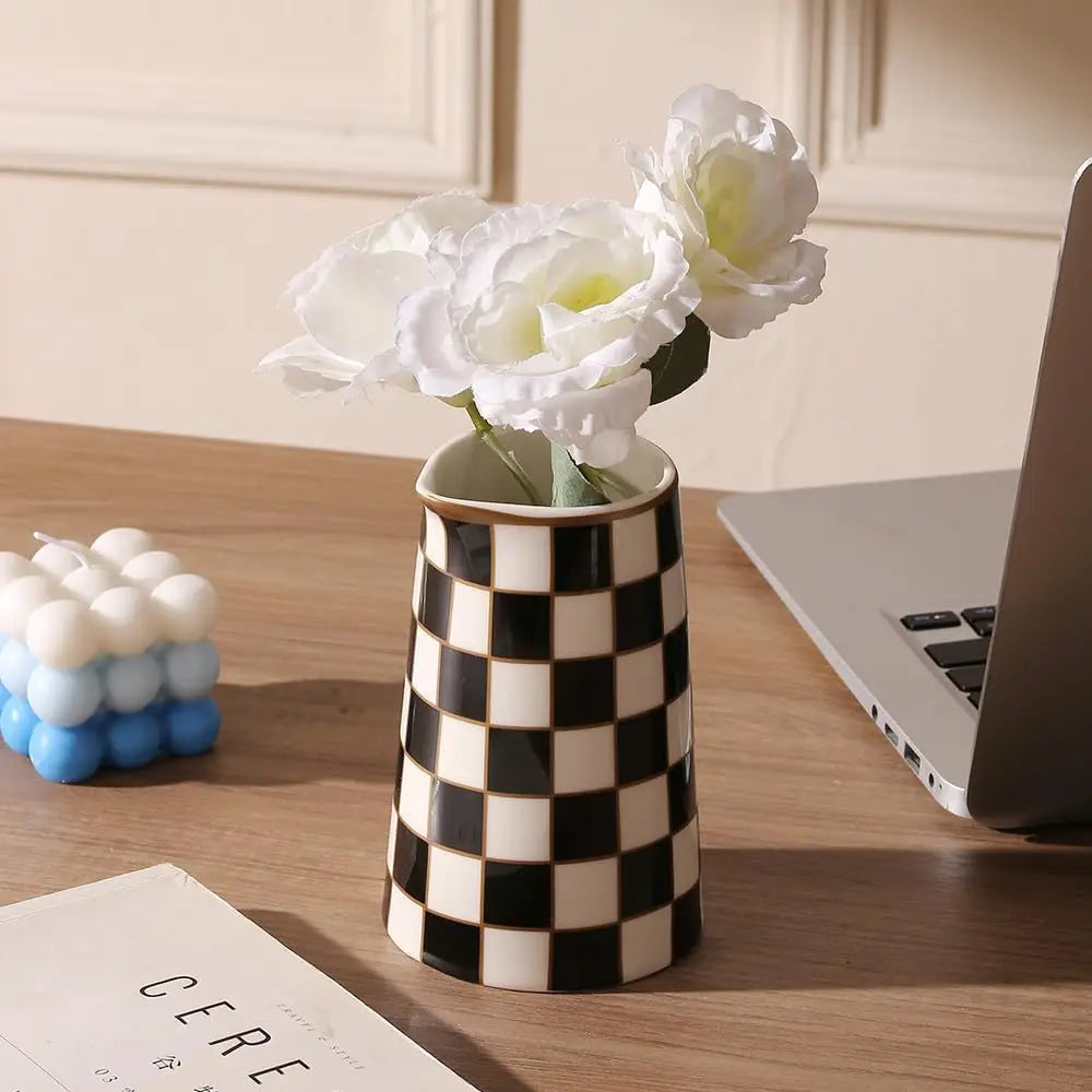 Checker Porcelain Flower Vase Home Decor Set of 2 with 5.5&