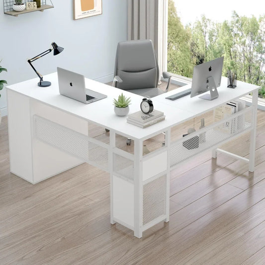 L Shaped Computer Desk With Storage Cabinet And Metal Frame