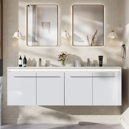 60" LED Floating Bathroom Double Vanity with Sink, Modern High Gloss Wall Mounted Bathroom Storage Cabinet with 3 Hole Sink