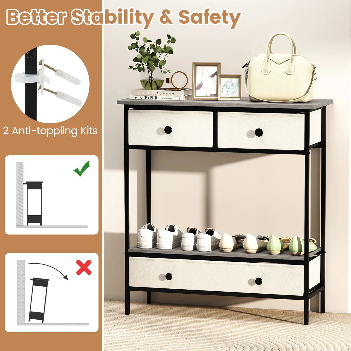 HOMASIS Farmhouse Console Table With Fabric Drawers And Open Shelf