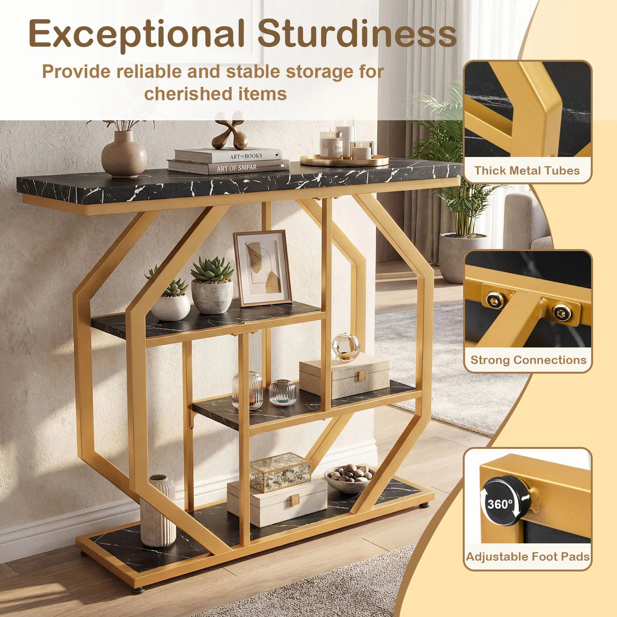 HOMASIS Console Table With Storage Shelves And Geometric Metal Frame