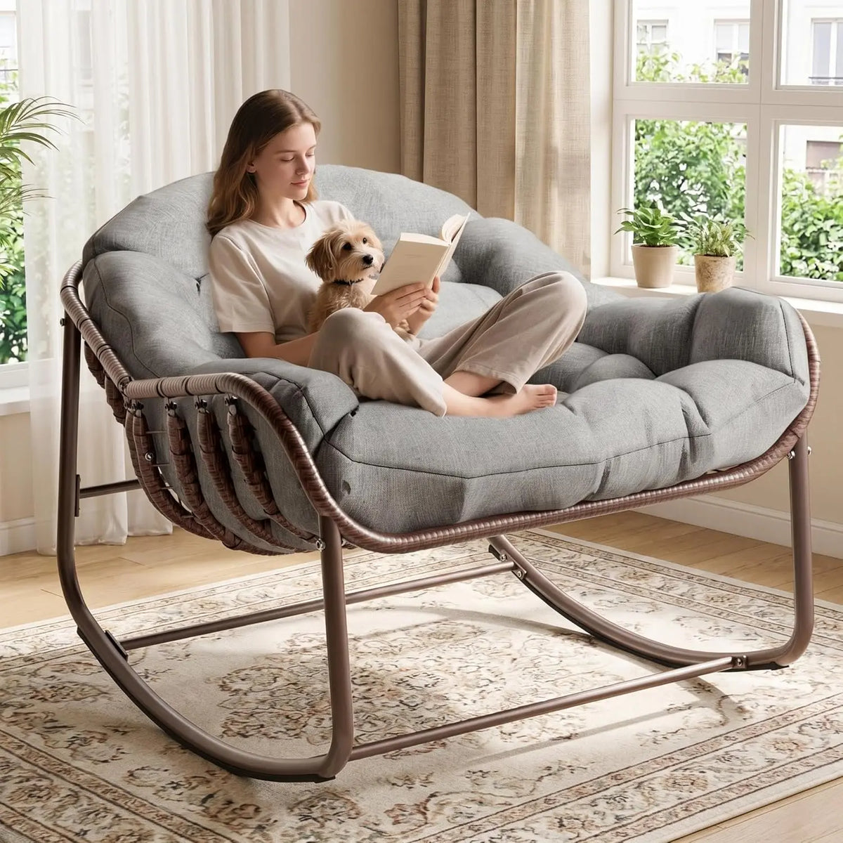 HiMISS Outdoor Papasan Egg Rocking Chair With Cushion