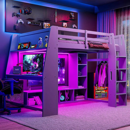 Full Wood Gaming Loft Bed Desk Storage Shelves LED Charging Station Kids Bedroom No Box Spring, Customized