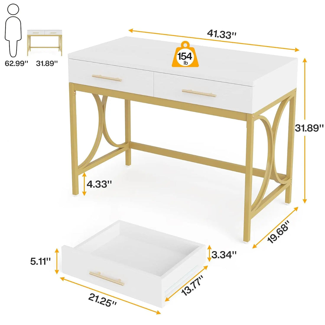 Modern Computer Desk with 2 Drawers Set of 2, 41 Inches Study Writing Office Desk for Home Office, Bedroom, Makeup, Customized