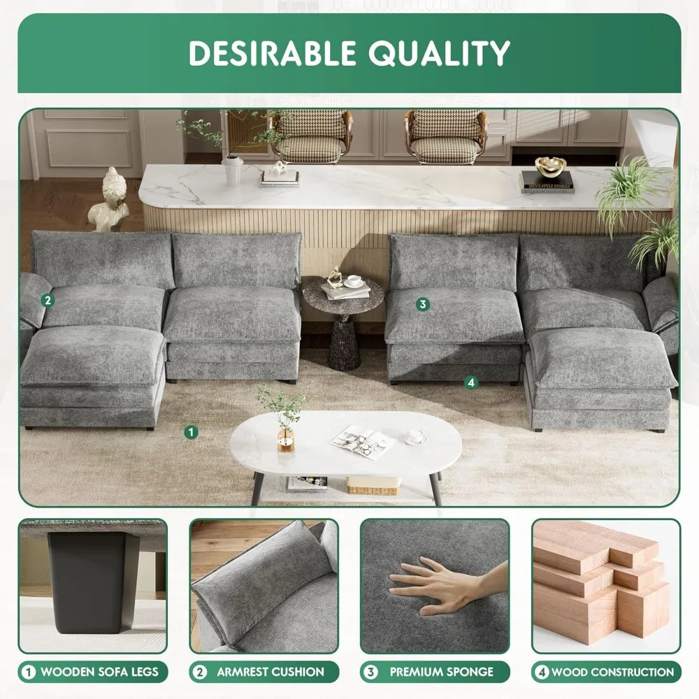 Sectional Modular Sofa U Shaped Chenille Fabric Couch with High Supportive &amp; Soft Sponges and Removable Ottoman, Sleeper Comfy